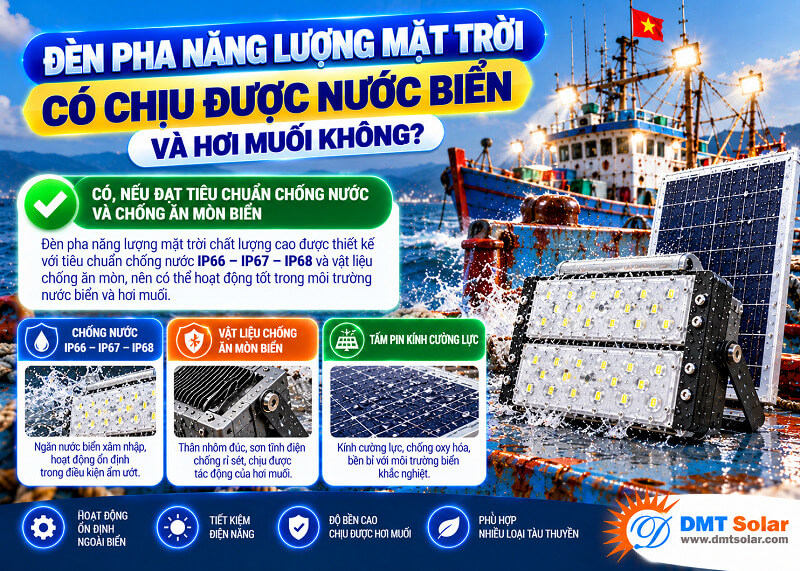 Đ&egrave;n pha năng lượng mặt trời c&oacute; khả năng chịu được nước biển v&agrave; hơi muối tốt