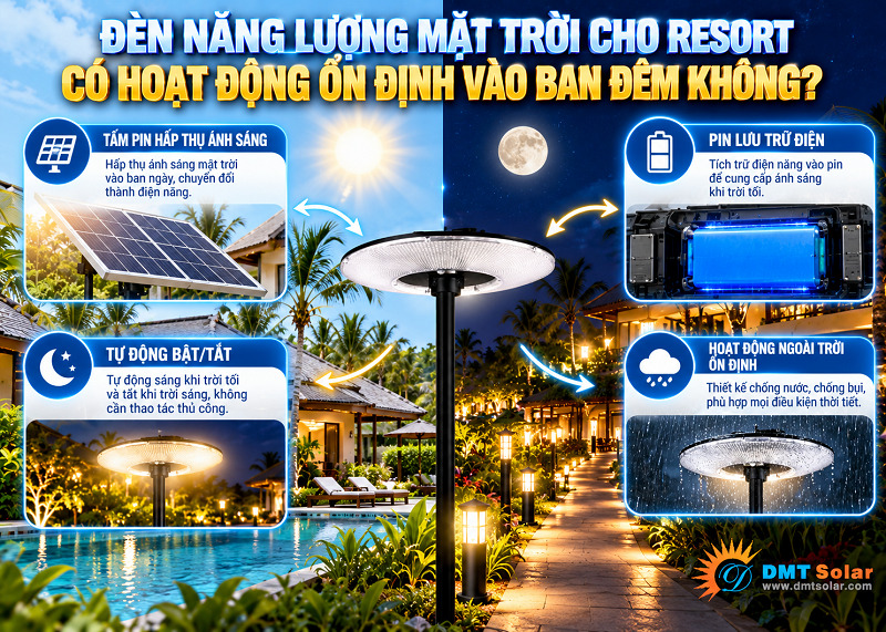 Đ&egrave;n năng lượng mặt trời cho resort c&oacute; dung lượng pin lưu trữ lớn, hoạt động ổn định v&agrave;o ban đ&ecirc;m