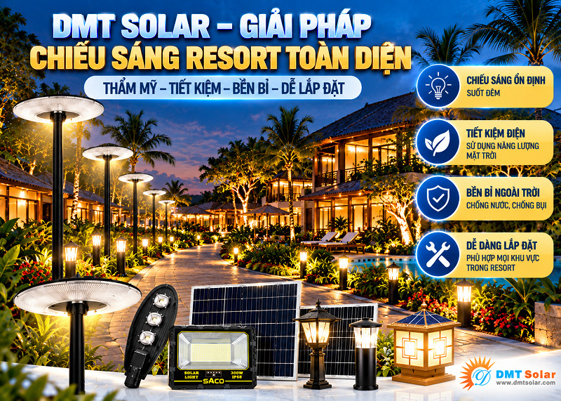 DMT Solar tự h&agrave;o l&agrave; đơn vị cung cấp giải ph&aacute;p đ&egrave;n năng lượng mặt trời cho resort uy t&iacute;n