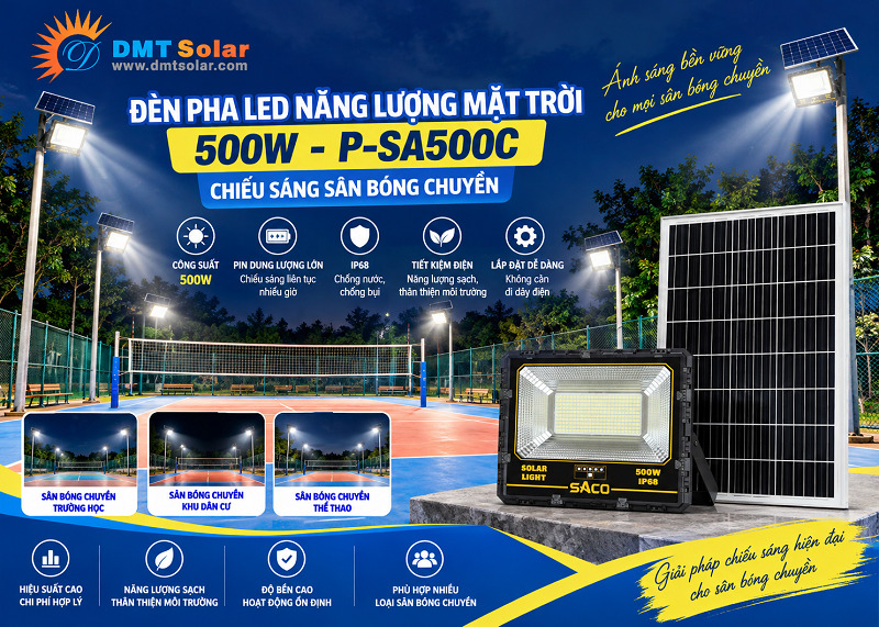 Đ&egrave;n năng lượng mặt trời P-SA500C l&agrave; lựa chọn l&yacute; tưởng cho s&acirc;n b&oacute;ng chuyền