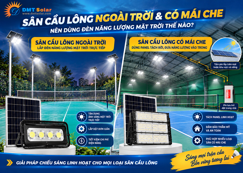 S&acirc;n cầu l&ocirc;ng c&oacute; m&aacute;i che n&ecirc;n lắp đặt loại đ&egrave;n c&oacute; tấm pin rời
