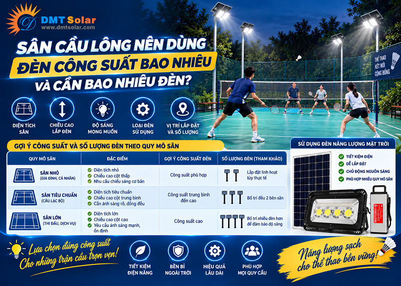 Với s&acirc;n cầu l&ocirc;ng thi đấu cần bố tr&iacute; từ 4 - 6 loại đ&egrave;n năng lượng mặt trời