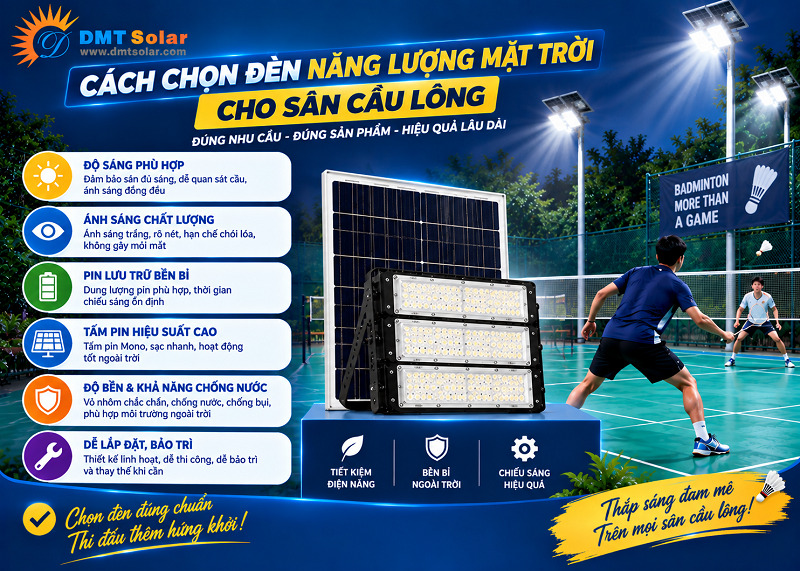 Lựa chọn đ&egrave;n năng lượng mặt trời lắp đặt cho s&acirc;n cầu l&ocirc;ng cần ch&uacute; &yacute; đến dung lượng pin