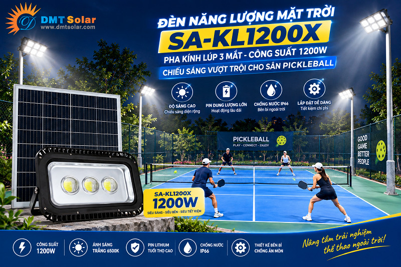 Đ&egrave;n năng lượng mặt trời 1200w pha k&iacute;nh l&uacute;p cho s&acirc;n thể thao