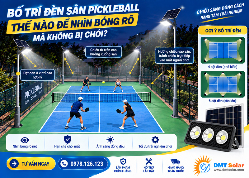 Hướng d&acirc;n bố tr&iacute; đ&egrave;n s&acirc;n pickleball để kh&ocirc;ng bị ch&oacute;i