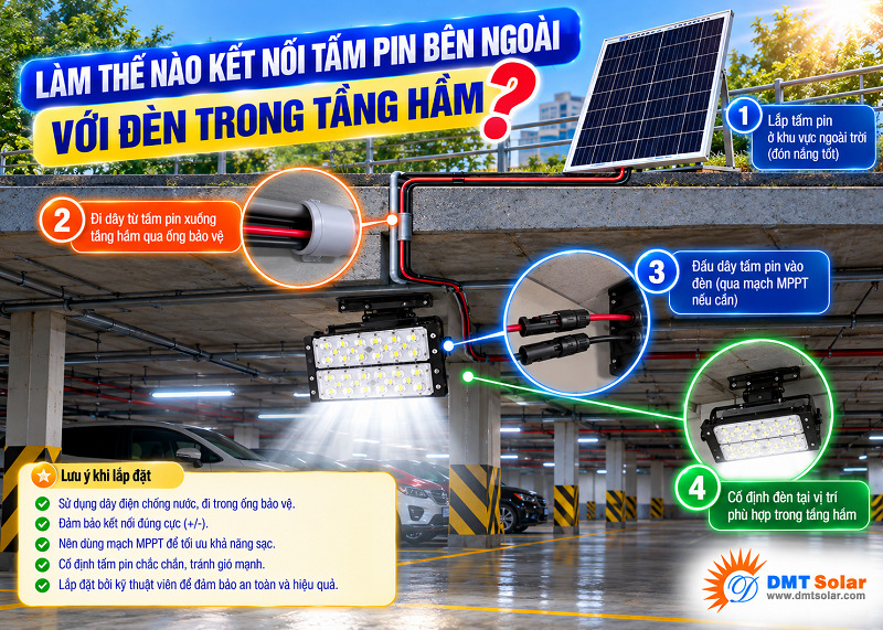 Kết nối tấm pin b&ecirc;n ngo&agrave;i với đ&egrave;n trong tầng hầm