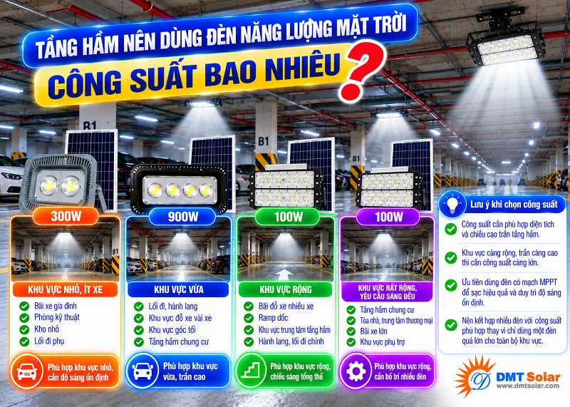 Tầng hầm n&ecirc;n d&ugrave;ng đ&egrave;n năng lượng mặt trời c&ocirc;ng suất từ 100W trở l&ecirc;n