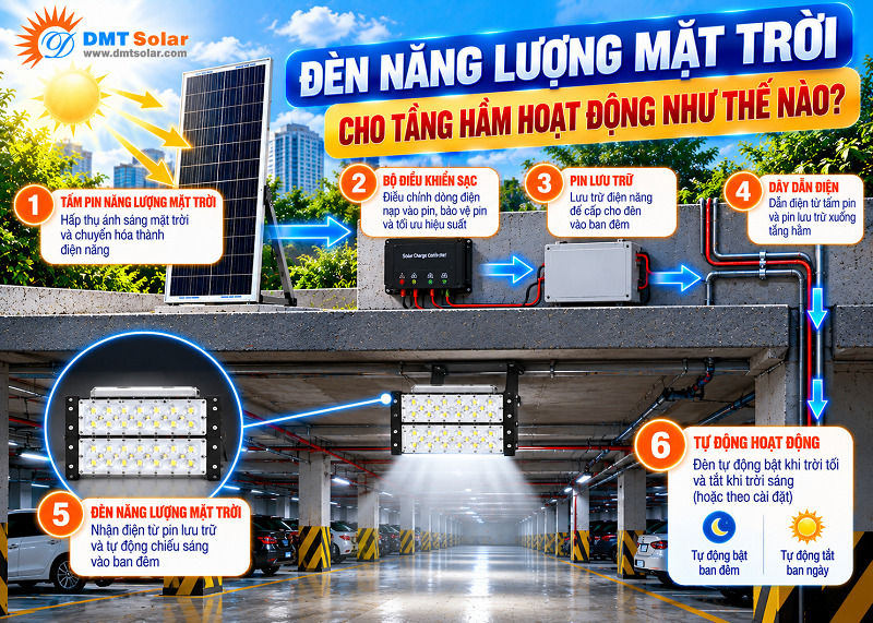 C&aacute;ch m&agrave; đ&egrave;n NLMT hoạt động trong tầng hầm