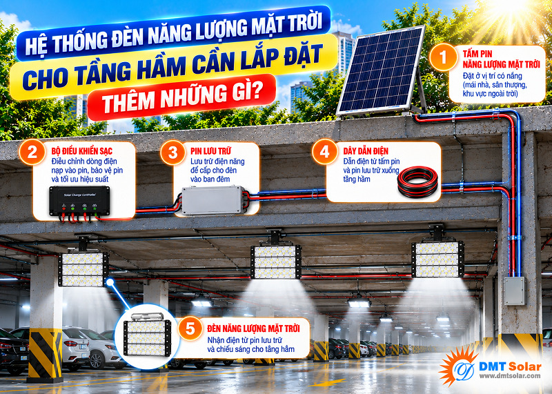 Hệ thống đ&egrave;n năng lượng mặt trời cho tầng hầm cần lắp đặt th&ecirc;m những g&igrave;?