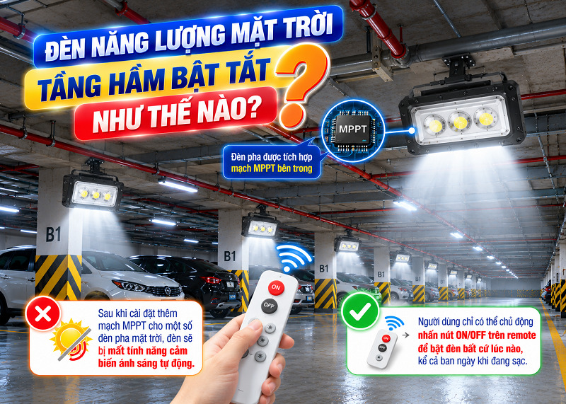 Đ&egrave;n năng lượng mặt trời tầng hầm bật tắt bằng remote