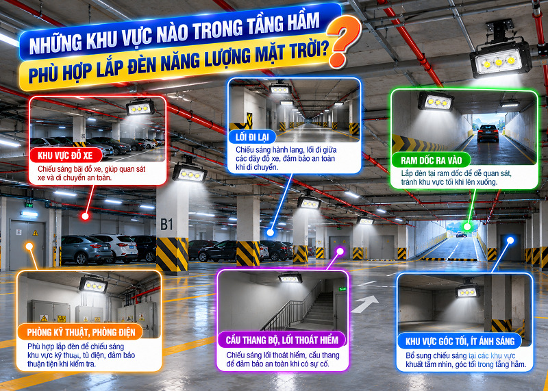 Khu vực trong tầng hầm ph&ugrave; hợp lắp đ&egrave;n năng lượng mặt trời