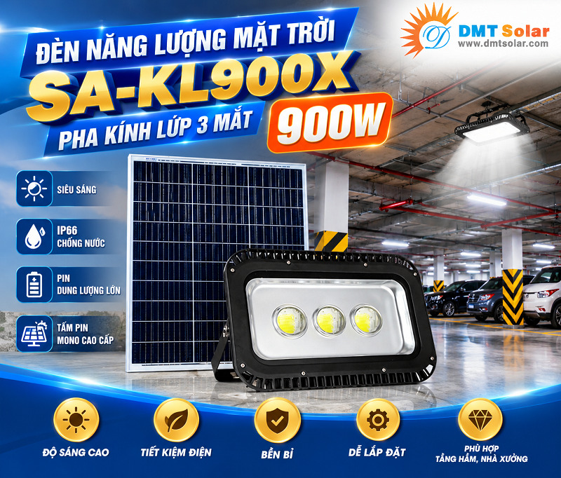 Đ&egrave;n năng lượng mặt trời 900W pha k&iacute;nh l&uacute;p lắp tầng hầm